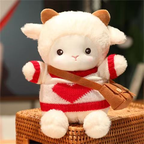Poke lamb doll, plush toy, + white sweater with red heart + brown bag, 23cm